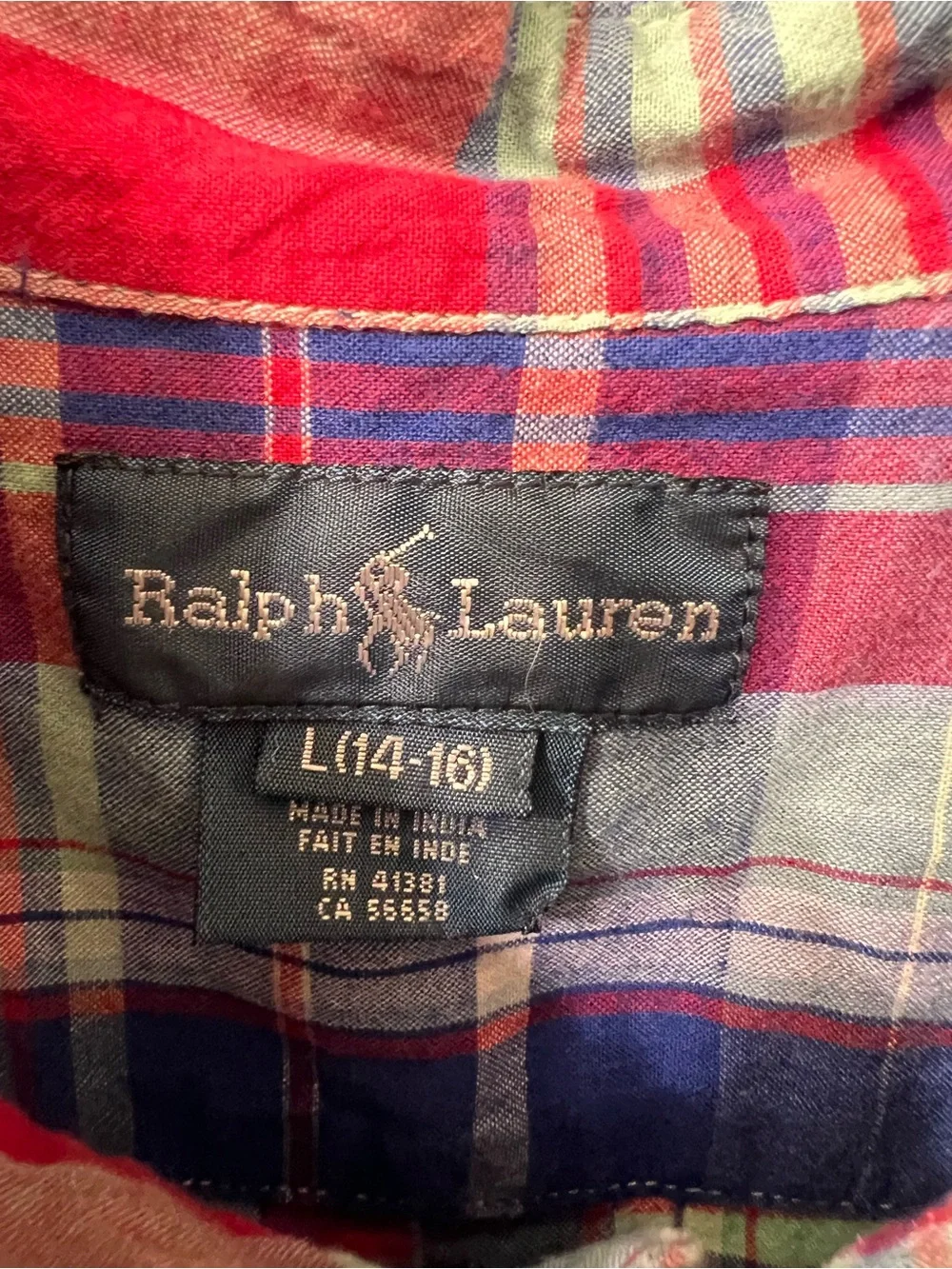 Polo Ralph Lauren Boys L 14-16 100% Cotton Plaid Short Sleeve Button Down Shirt